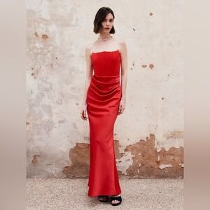 COMMENSE Red Strapless Corset Gown Formal Evening Dress Party Cocktail Maxi SZ S
